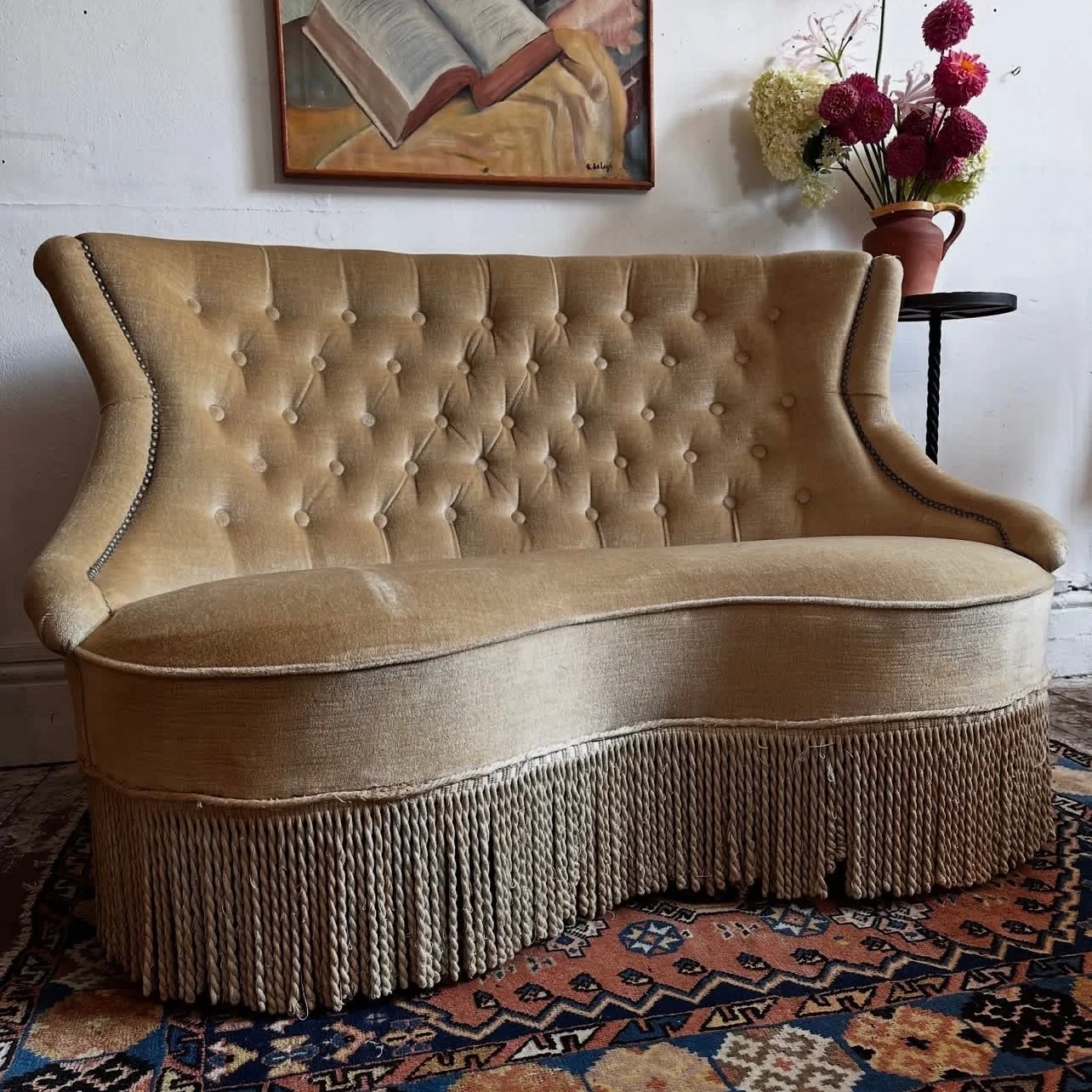 

#@French-style Buckle Double Sofa Retro Nostalgic Fringe Velvet Fabric Living Room Furniture Apartment Leisure Sofa