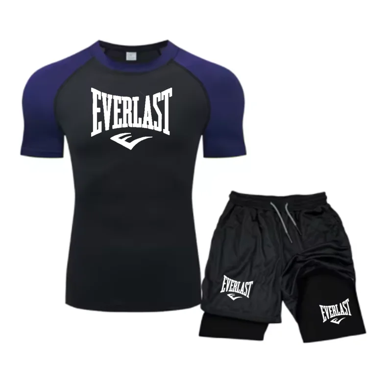 EVERLAST Men\'s Compress Shirt + 2-in-1 sports shorts 2pcs Set Leisure Breath Short Sleeve Sport Jogging Gym Brand Print Clothing