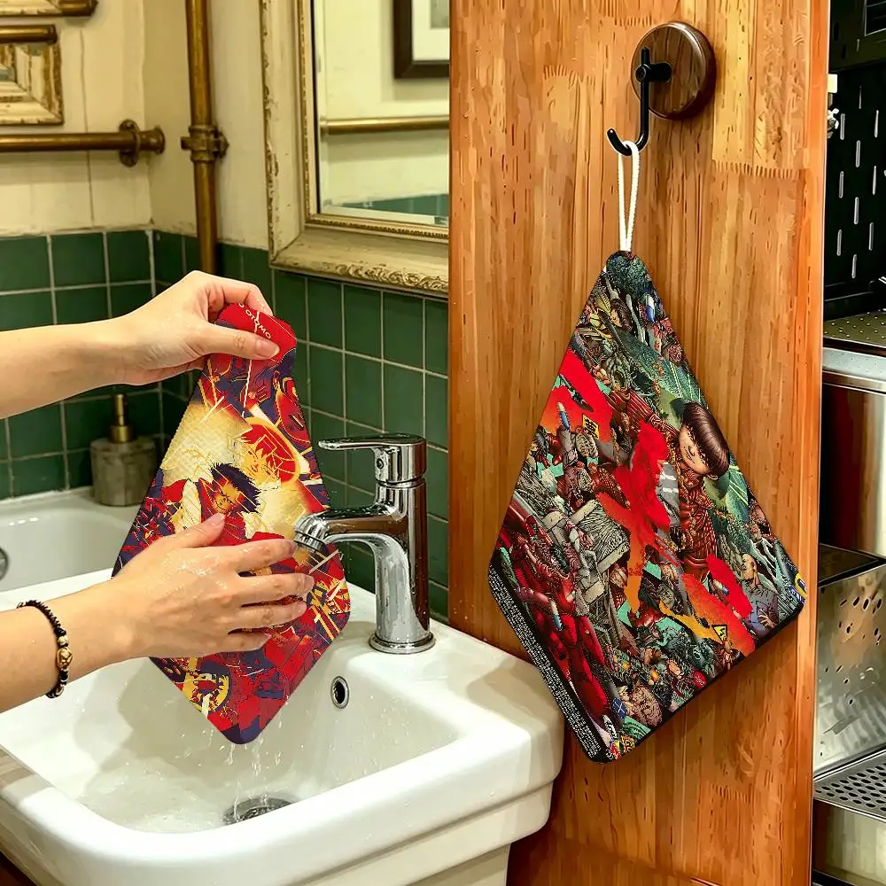 Classic Anime A-Akira Polyester Cotton Hand Wiping Towel, Anti-shrink Hanging Kitchen Cloth for Household Cleaning