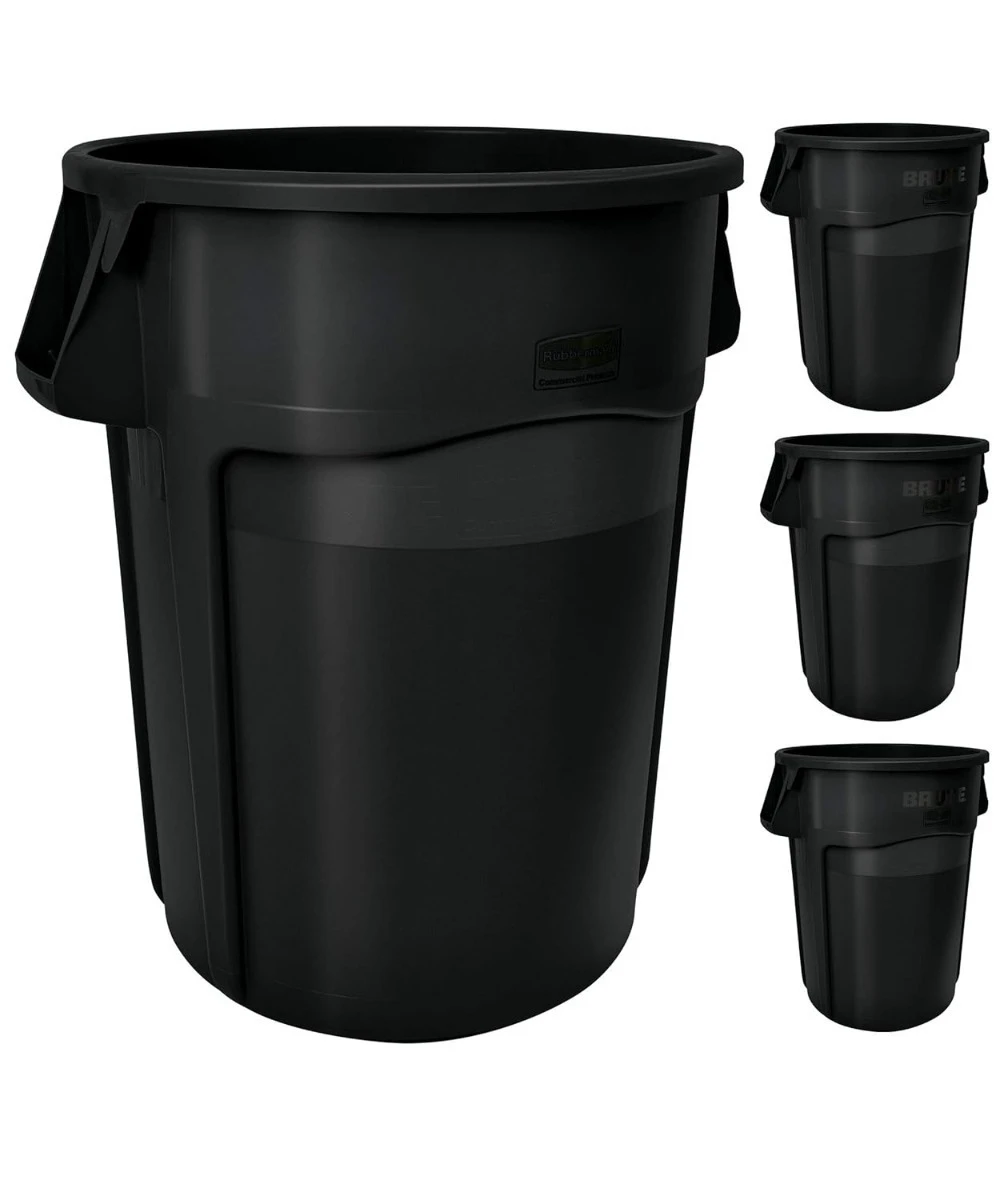 

Commercial Products Heavy-Duty Round Trash/Garbage Container, 44-Gallon, Black, for Landscapers，Offices/Warehouses, Pack of 4