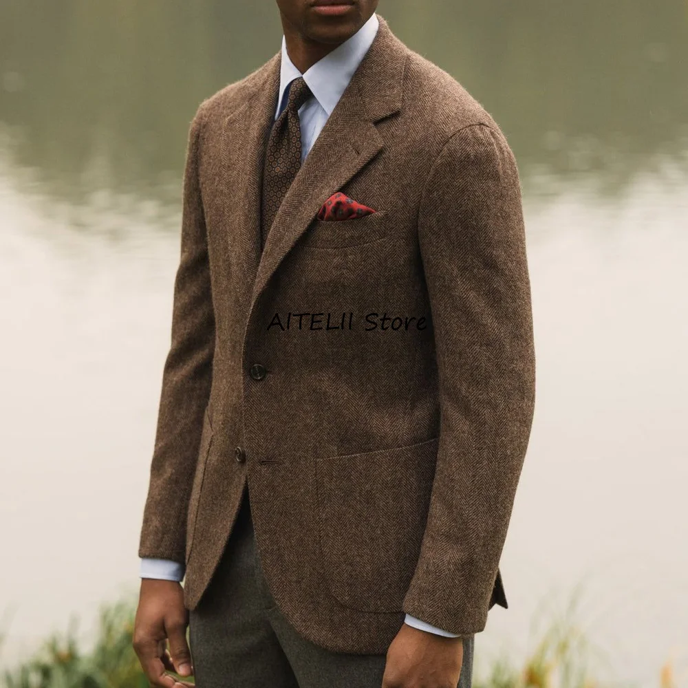 

Men's Casual Jackets for Suit Notch Lapel Man Coat Herringbone Fabric Two Buttons Square Pockets Fashion Suits Blazer Clothing