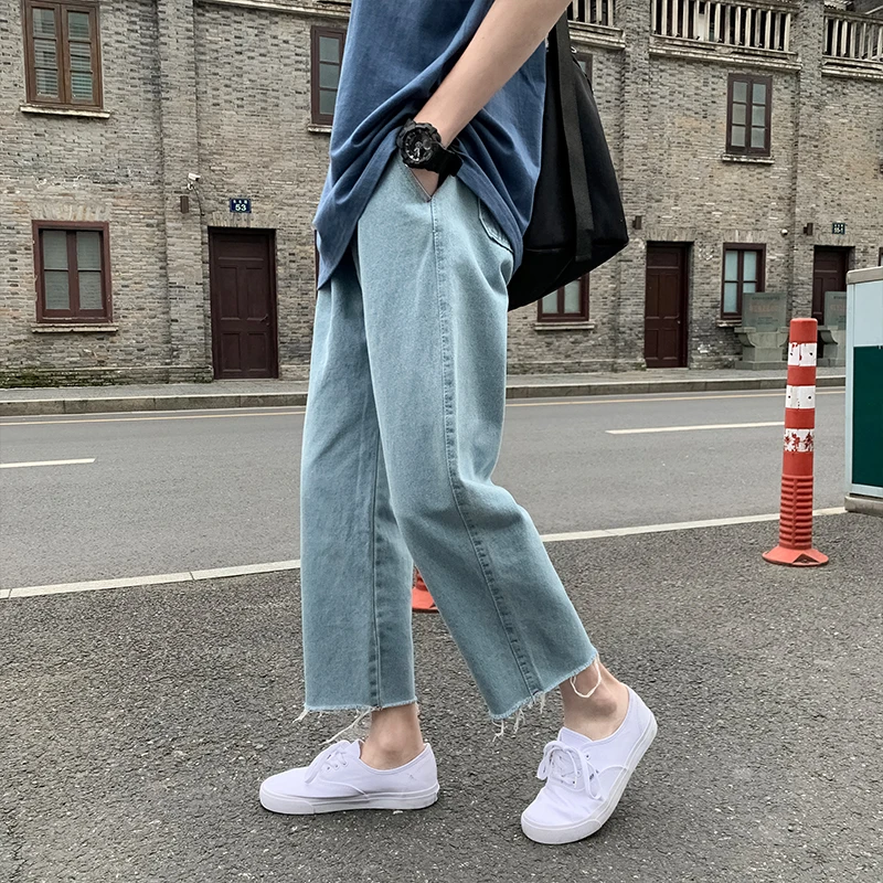 

Trendy Boy's Loose Wide Leg Jeans Hem Light Blue Youth Casual Dad Pants Summer Season Nine Points Jeans for Teens