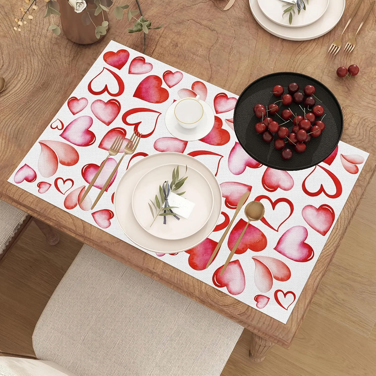 

VIKAMA 4/6/8/10PCS Watercolor Heart-Shaped Valentine's Day Placemats Farmhouse Style Valentine's Day Home Kitchen Table Decor