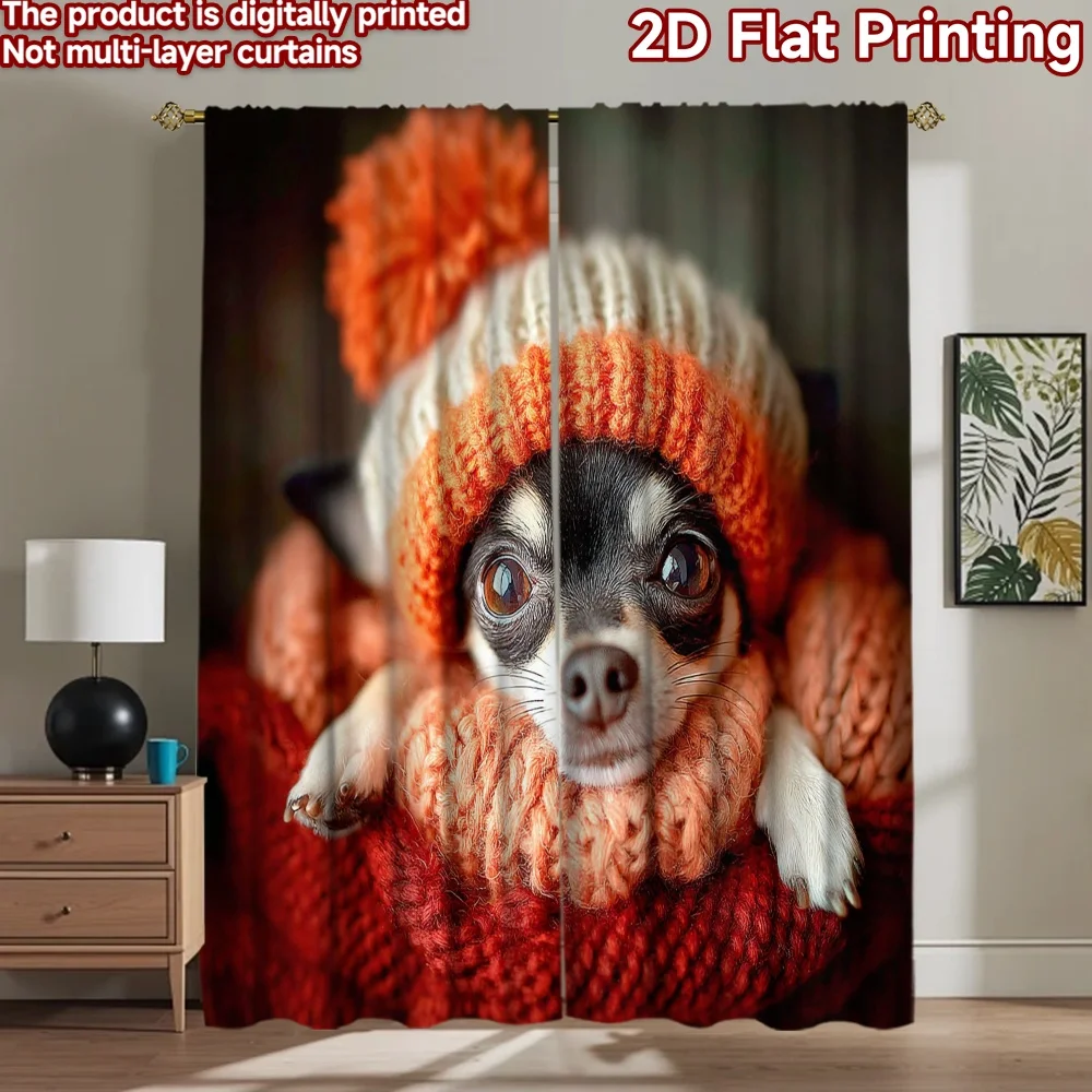 

2D flat printing 2pcs Window Curtains Chihuahua Dogs Winter Warm Digital Printed Polyester Drapes Family Party Decoration Use