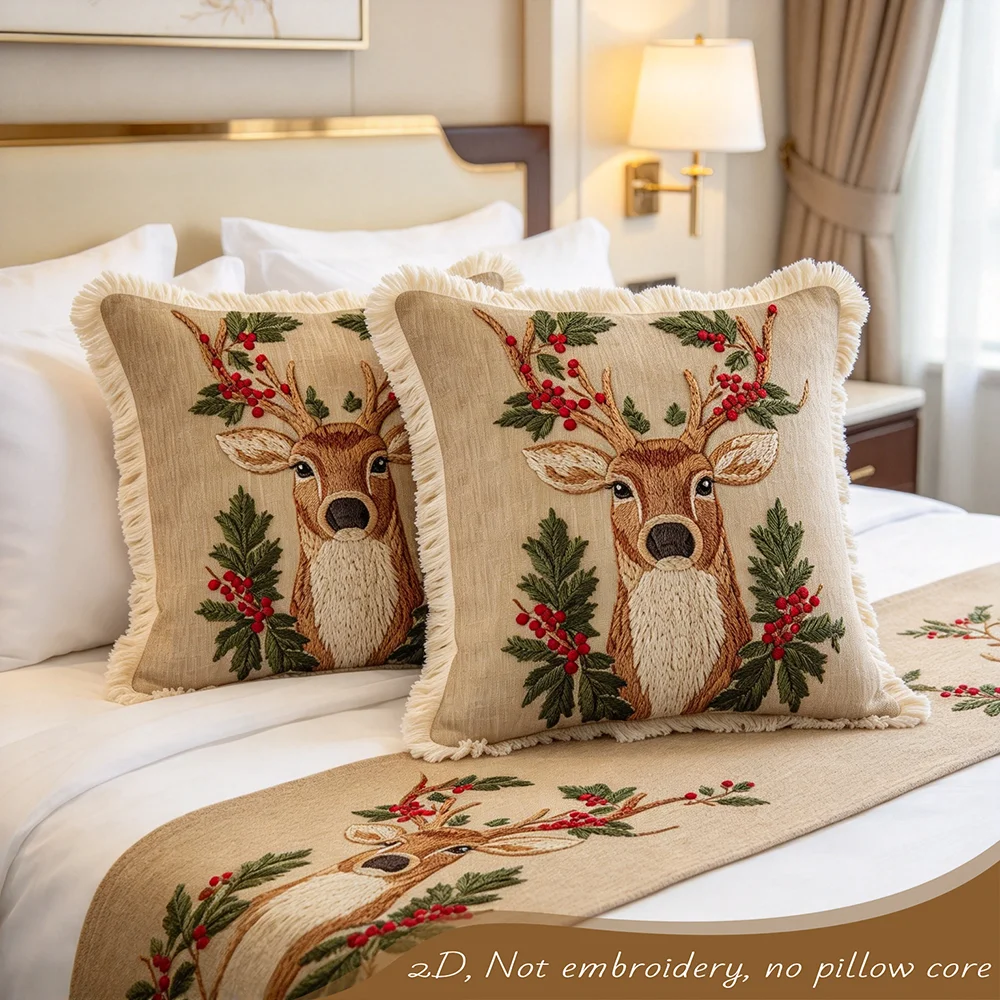 1PC Christmas Deer Head Holly Berry Print Pillow Cover, Winter Holiday Cushion Case, Digital Print Polyester, Bedroom Decor