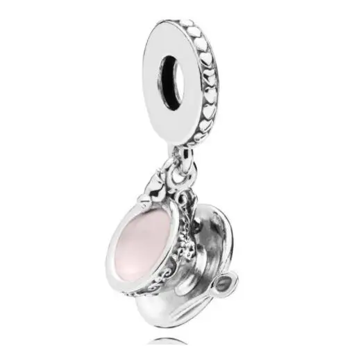 Genuine 925 Sterling Silver Charm Pink Enamel Lacework Enchanted Tea Cup Pendant Beads Fit pandora Bracelet & Necklace Jewey