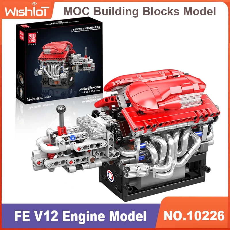 

Модель двигателя Mold King 10226 FE Supercar V12, 863 шт., усовершенствованные инженерные строительные блоки с функциональной системой передачи