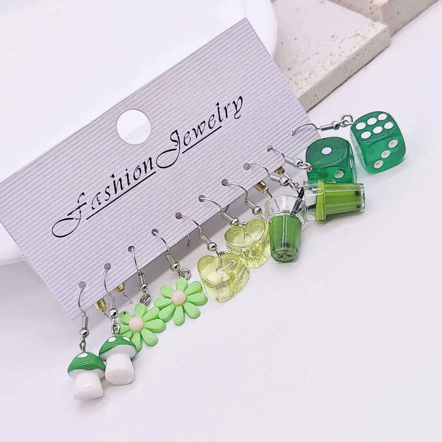 Cross border Fashion Sweet Cartoon Flower Ice Block Resin Simulation Food Milk Tea Green Earrings Earrings Earrings Set