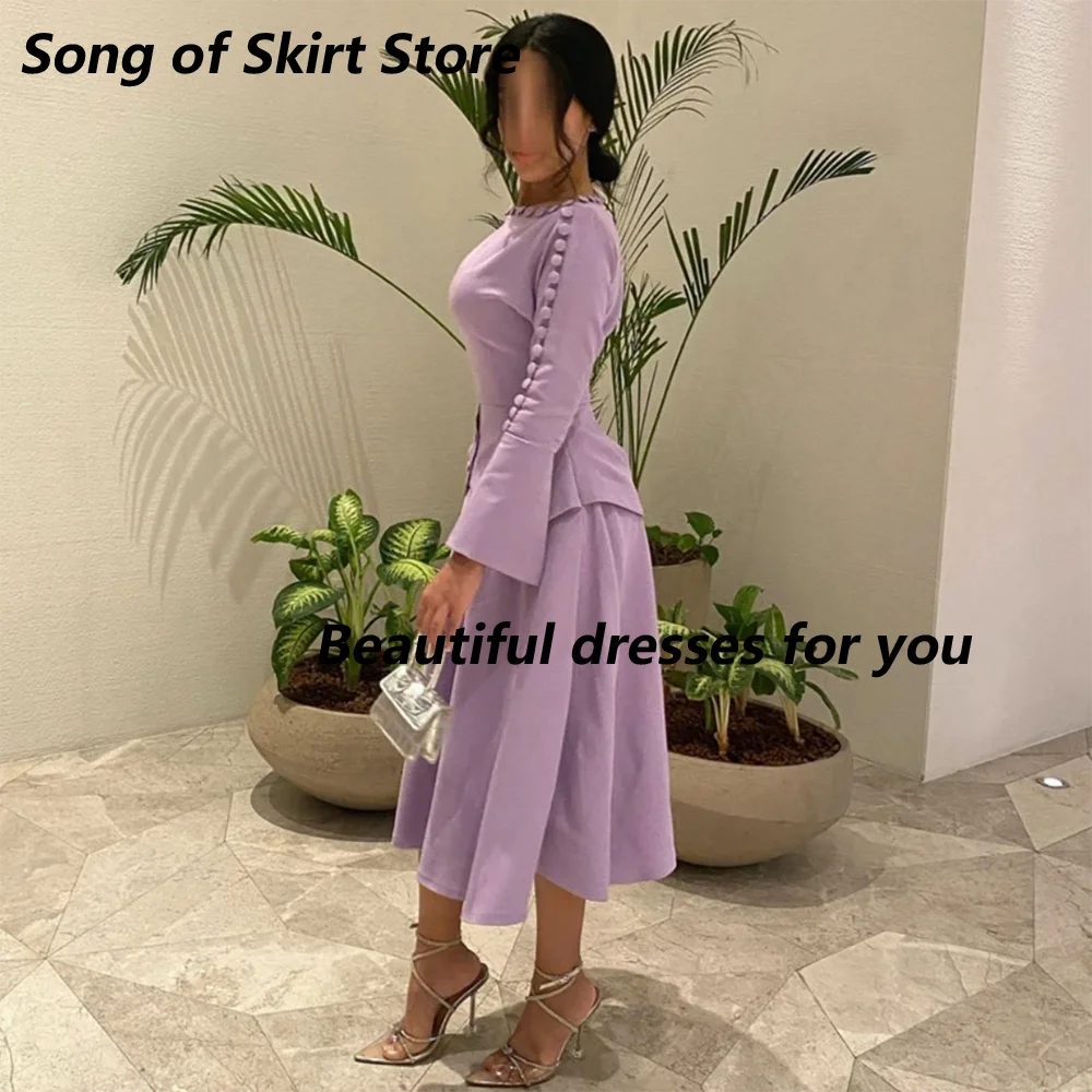 Customized Two Pieces Evening Dresses Button Long Sleeves Prom Dresses Pleated Jersey Tea Length Simple Party Dresses for Women