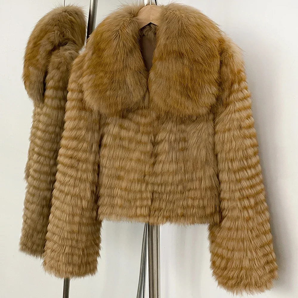 OFTBUY Neue Luxuriöse Winter-Oberbekleidung für Damen, Kurze Handgestrickte Echtfuchs-Pelzjacke mit Großem Weitem Revers, Flauschiger Kurzmantel für Damen – Detail 7