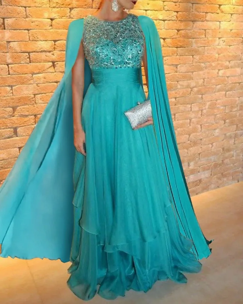 

A-Line Evening Formal Dress Cape Sleeves Jewel Chiffon Appliques Sequined Women Prom Party Gowns Arabic Robe De Soiree