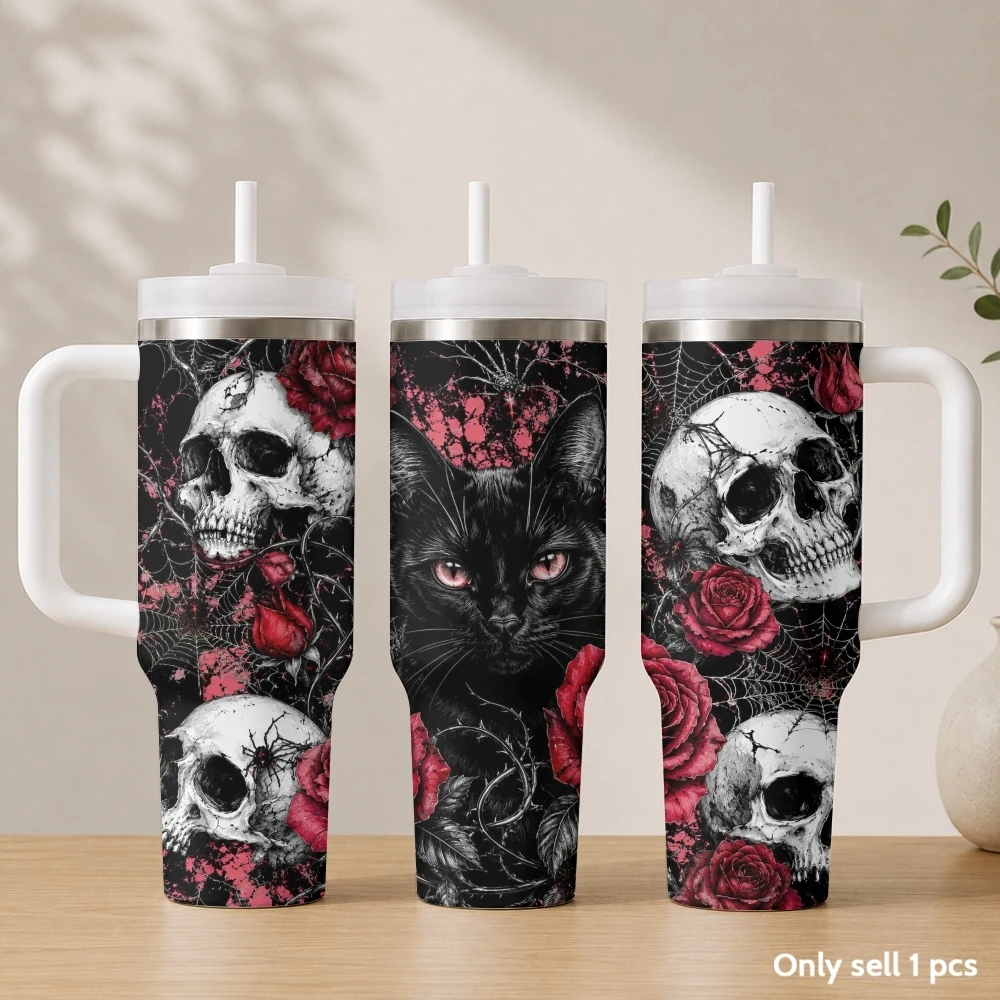 Dark Rose Skeleton Vacuum Flasks 40oz Stainless Steel Insulated Tumbler with Handle & Straw Leakproof Travel Mug