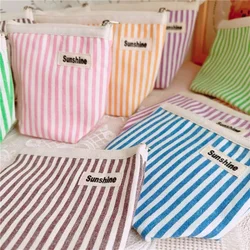 Candy Color Blocking Stripe Canvas Cosmetic Bag Daily Portable Clutch Makeup Pouch Lipstick Key Earphone Organizer Coin Purse