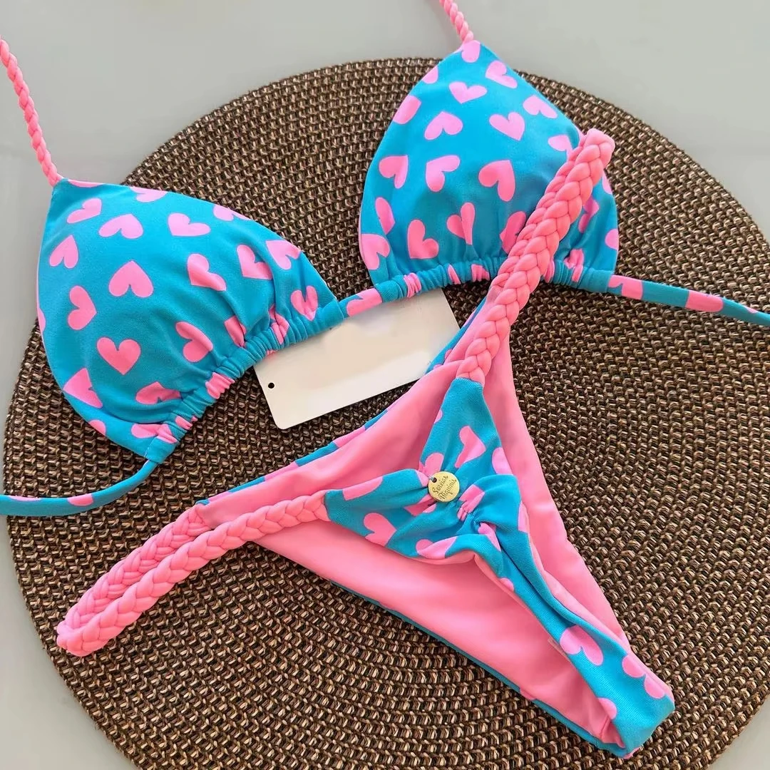 Sexy Bikini 2025 Pink Love Print Swimsuit Women G-string Bathing Suit Low Waist Bikinis Sets Brazilian Beach Swimwear Gift