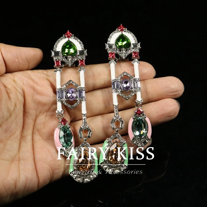 серьги звезды long stud earrings water enamel inlaid  colored gemstones geometric personalized earrings