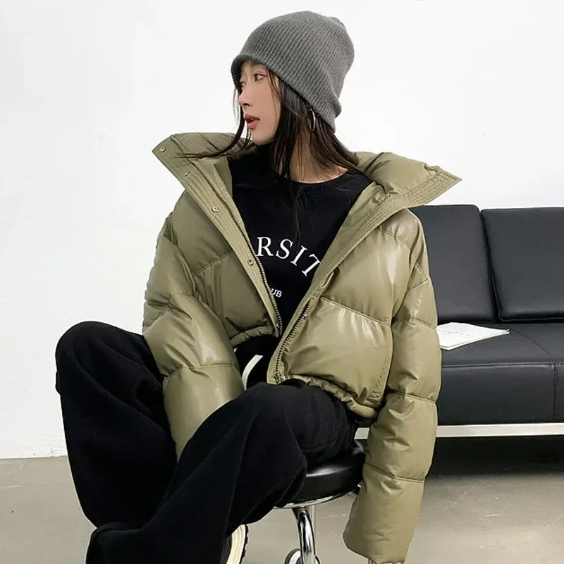 

American Biker Women Pu Puffy Coat Winter Retro Cropped Parkas Casual Thick Warm Lady Long Sleeve Loose Cotton Down Coats