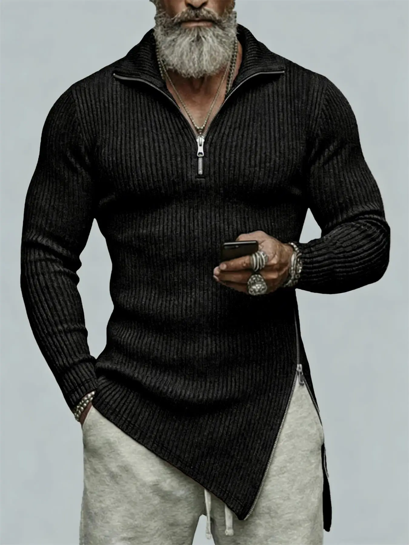 Autumn, men's quarter-zip T-shirt, slim-fit sweater, stand-collar sweater, casual long-sleeve T-shirt, warm base layer top