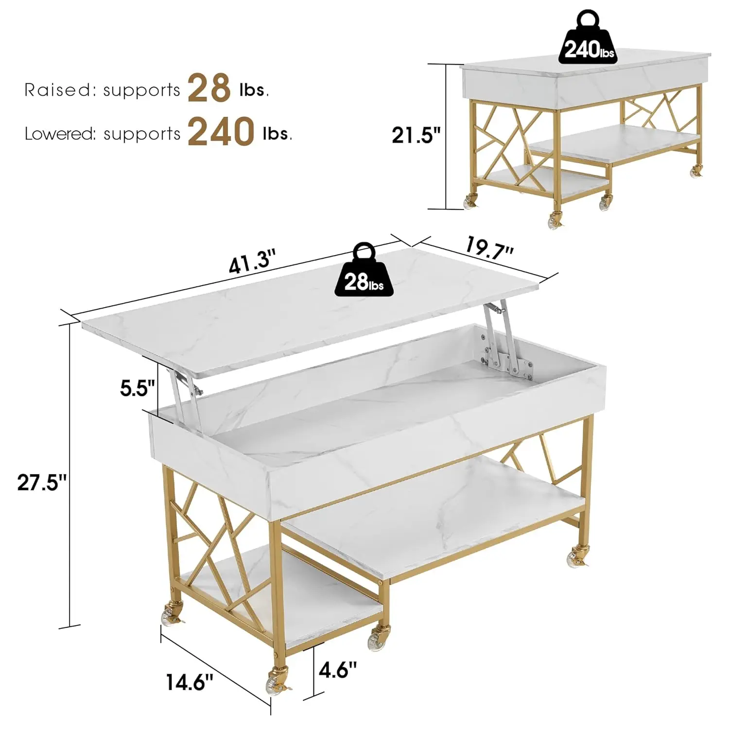 Lift Top Coffee Table With Storage, Modern Center Table With Lockable Crystal Wheels And Hidden Compartment For Living Room Home