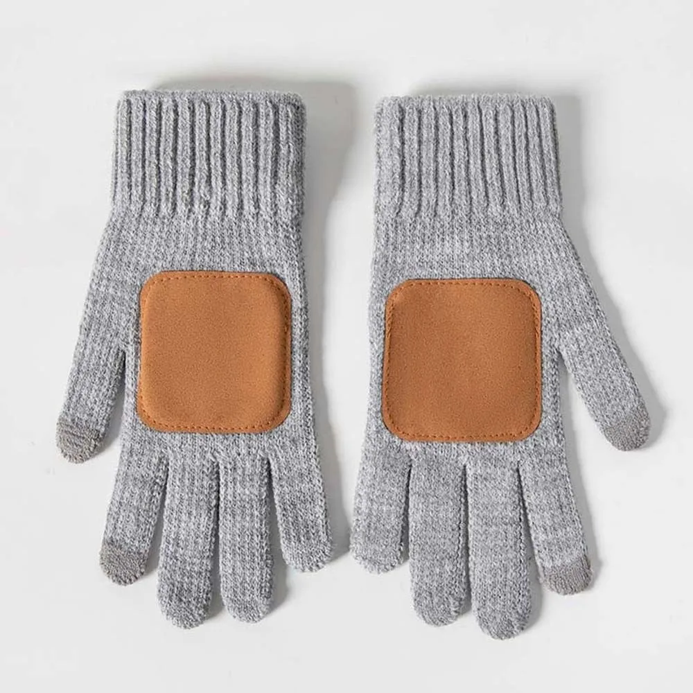 Leather Patch Touchscreen Gloves Solid Color Knitted Wool Winter Knit Mittens Thick Lining High Quality Woolen Warm Gloves