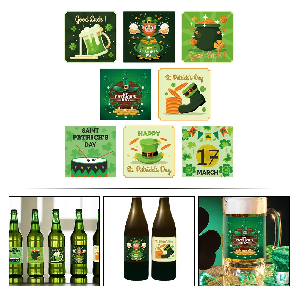 

8pcs Wine Bottle Decoration Stickers St Patrick's Day Drink Decals Safe Material Irish Theme Bar Tools Beverage Labels Festive