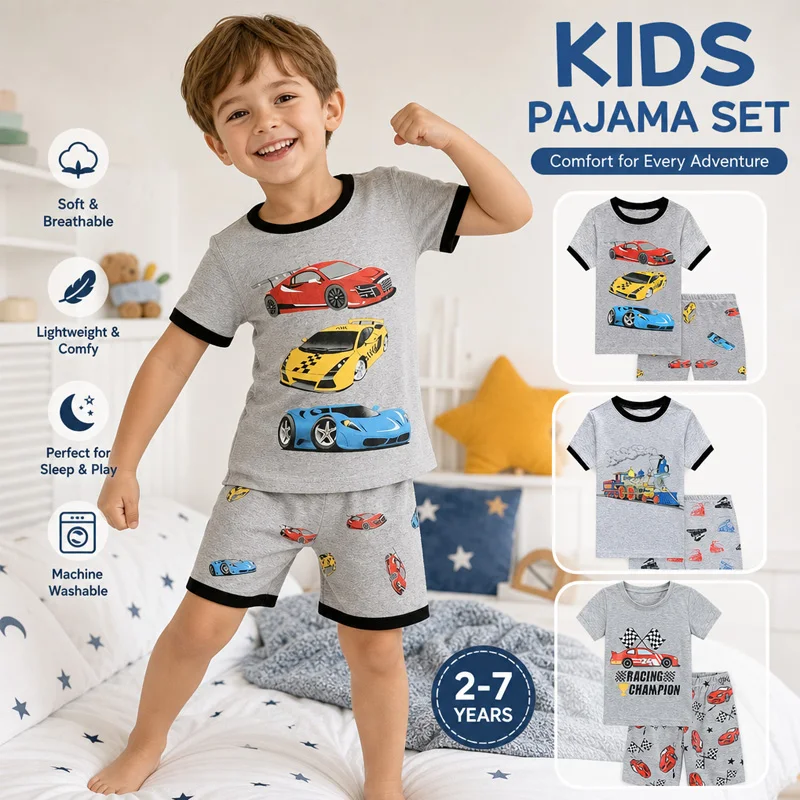Little Hand Kids Cotton Printed Pyjamas Cartoon Racing Car Steam Night Clothes Summer Train Loungewear Set for 2-7Y Boys