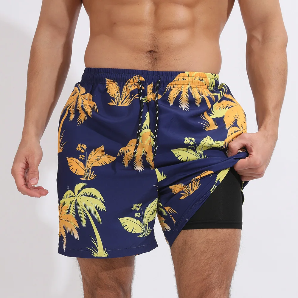 Men's Summer Sports Casual Beach Pants Crazy Muscle Printed Double Layer Anti Exposure Loose Shorts