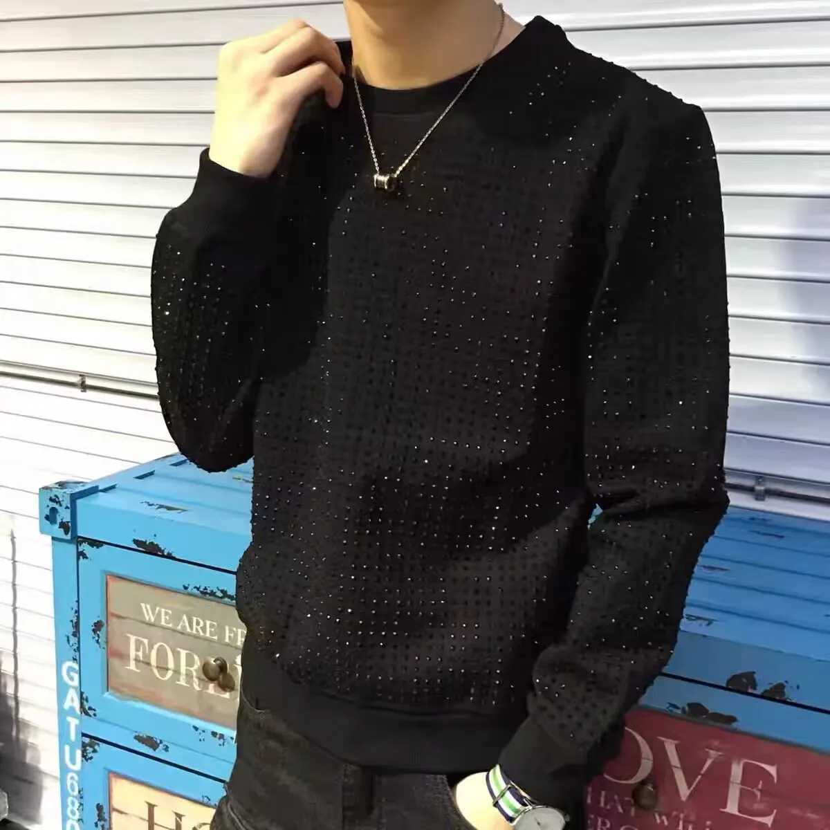 Hoodies winter long Sleeve  Men\'s Fashion Round Neck Top Clothing Top Brand Letter Rhinestones pullover 2025