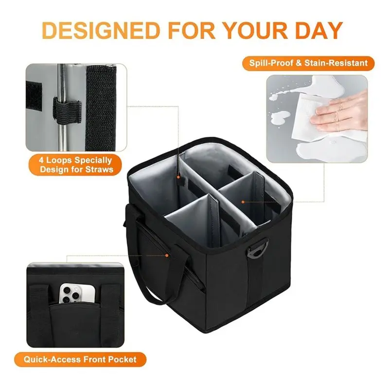 【THANKSGIVING DAY】Reusable Insulated 4-Cup Drink Carrier With Handle-Foldable, No Spill Base, Adjustable Divider Beverage Bag