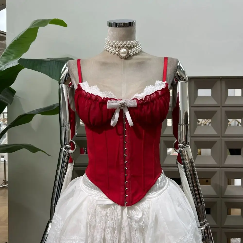 Fashion Ruffle Lace Flower Camisole Bowknot Sleeveless Lace Corset Tank Buckle Slim Crop Tops Travel