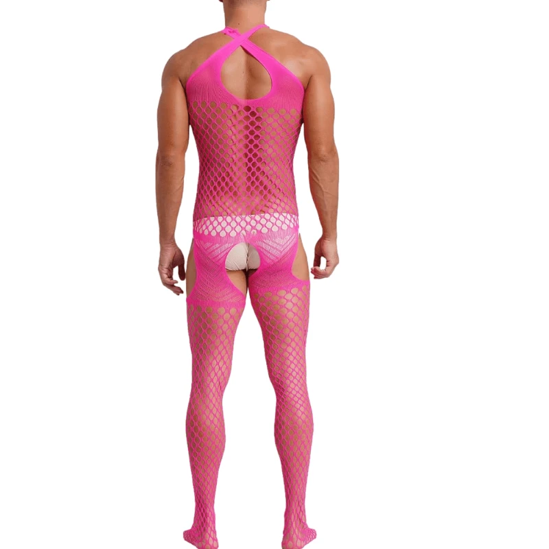 Hot Pink Jumpsuit for Men Open Crotch Bodystockings See Through Cutout Bodysuits Husband Nightwear Sexy Fetish Male Clothes