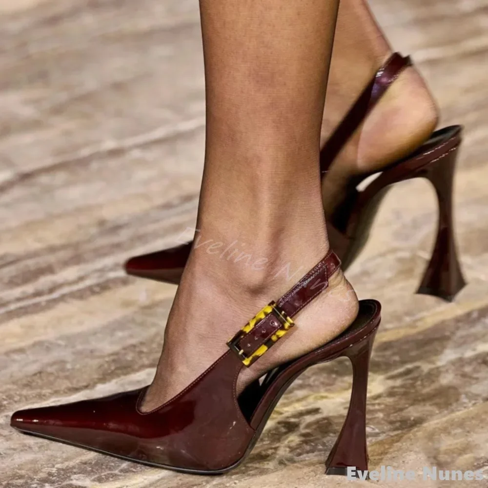 

Pointed Toe Shallow Patent Leather Sandals Women Back Strap Thin Heels Solid Sexy Pumps 2025 Summer New Fashion Catwalk Pumps