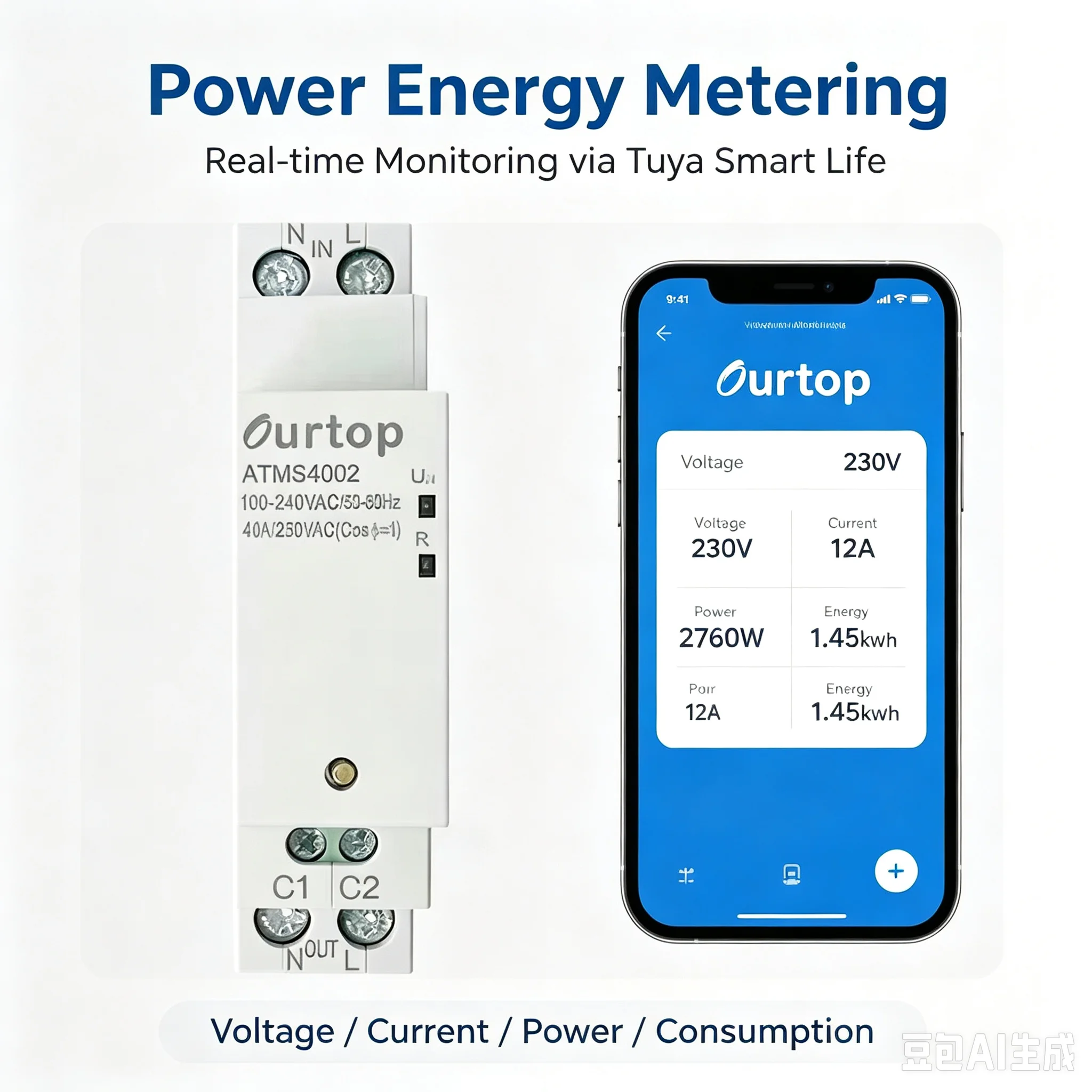Ourtop ATMS4002 Tuya WiFi Bluetooth Smart Circuit Breaker 40A DIN Rail Smart Switch Power Energy Metering Timer Remote Control f