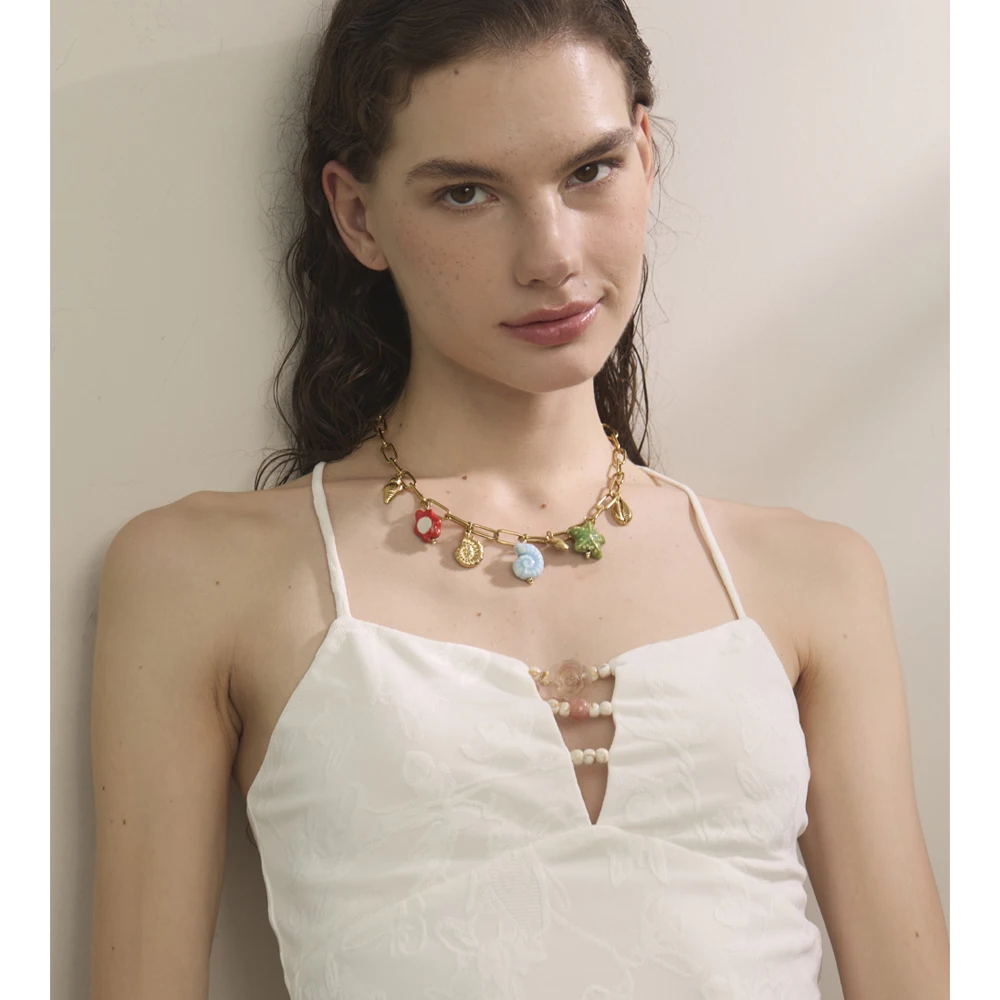 Yhpup Ocean Style Exquisite Ceramic Shell Starfish Turtle Drop Golden Necklace for Women Stainless Steel Trending Jewelry