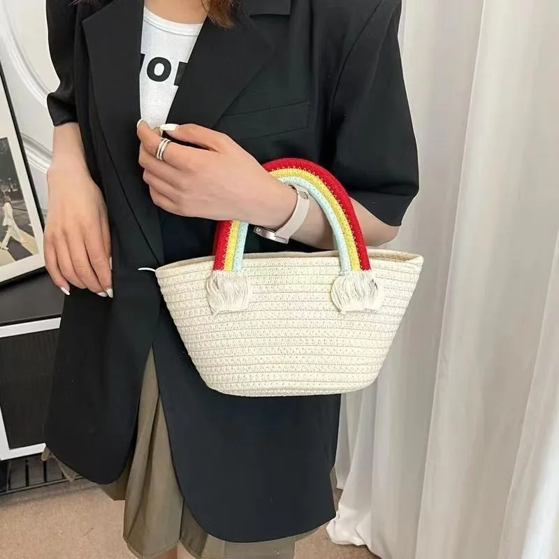 Flowers Rainbow Bags Cotton String Woven Partysu Handbag Wedding Gift Women\'s Bag All-Matching Western Style Hand Bag