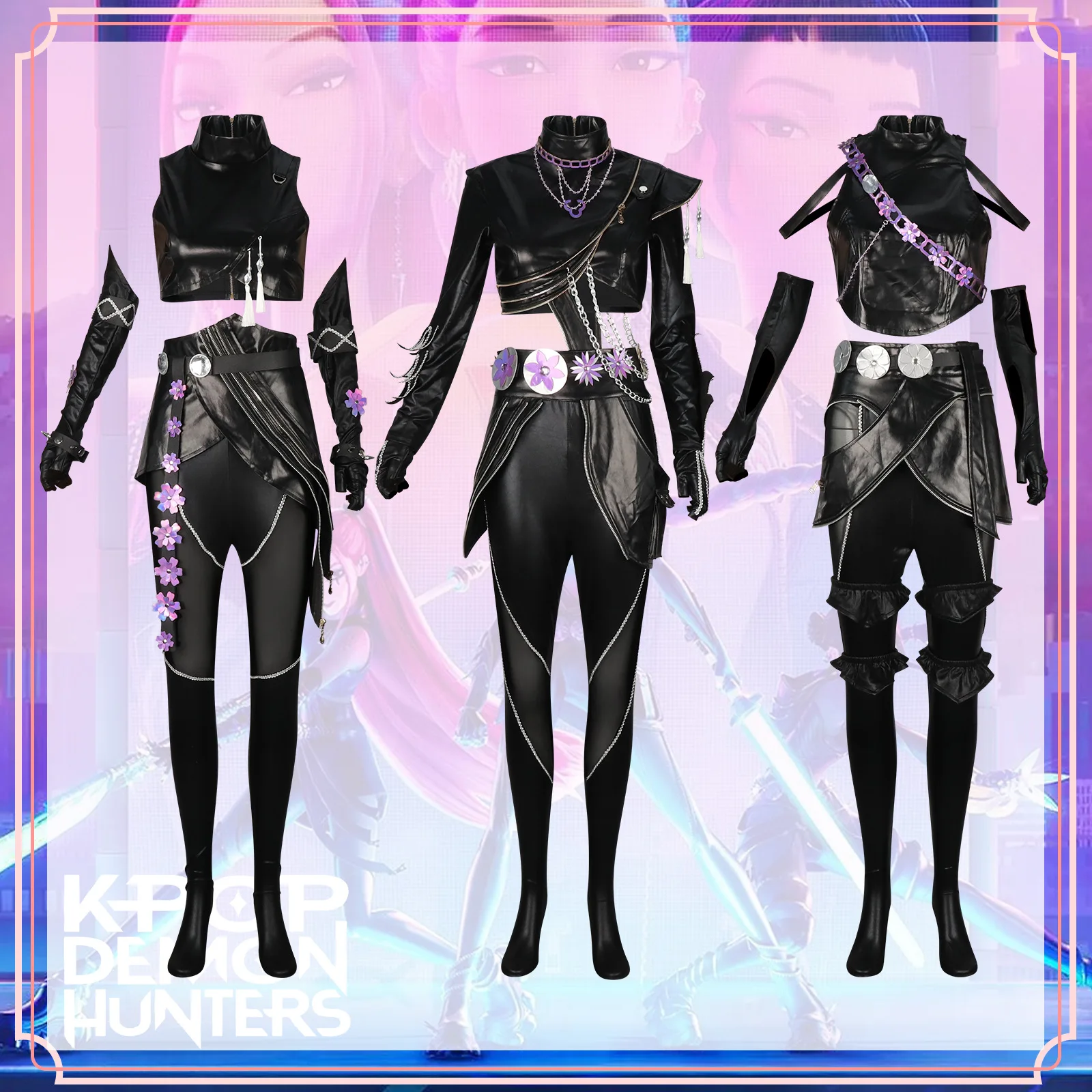 

Руми Зои Мира Косплей Костюм Kpop Demons Hunters Huntrix Черный Кожаный Боевой Костюм Взрослых Женщин Готический Панк Наряд Хэллоуин