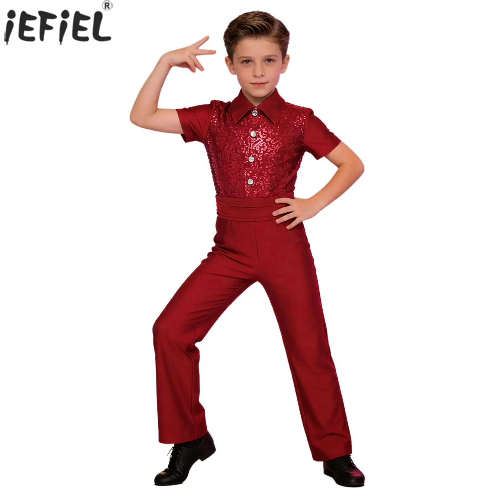 Kids Boys Latin Jazz Modern Dance Bodysuit Short Sleeve Sparkle Sequin Long Pants Leotard Ballroom Cha-cha Tango Samba Dancewear