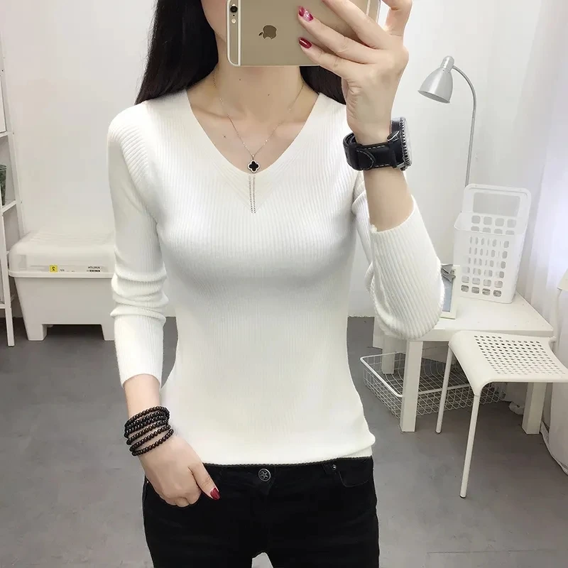 

Womens Sweaters Spring Autumn V-neck Knitted Pullovers Loose Bottoming Shirt Cashmere Fashion Jumper Solid Pink Sweater