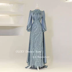 OLOEY Modest Pale Muslim Dubai Arabic Women Evening Dresses High Neck Puff Long Sleeves Glitter Formal Occasion Dress 2024