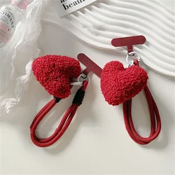 Cute Plush Love Heart Phone Lanyard Straps Hanging Chain Ring Cord with Patch Wrist Strap Phone Holder Detachable Rope Keychain