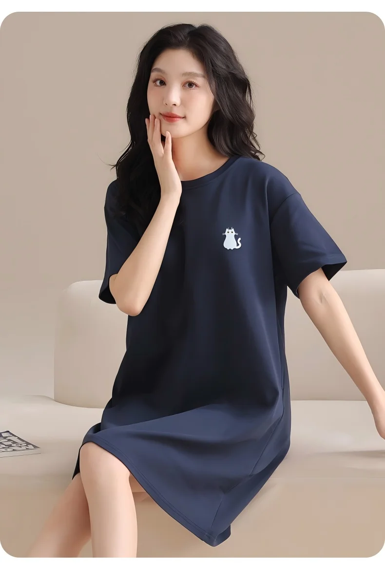 Dawnloom Navy Cotton Nightgown with Built-in Bra (Short Sleeve) for Women Minimalist Cute Comfortable Home Pajamas