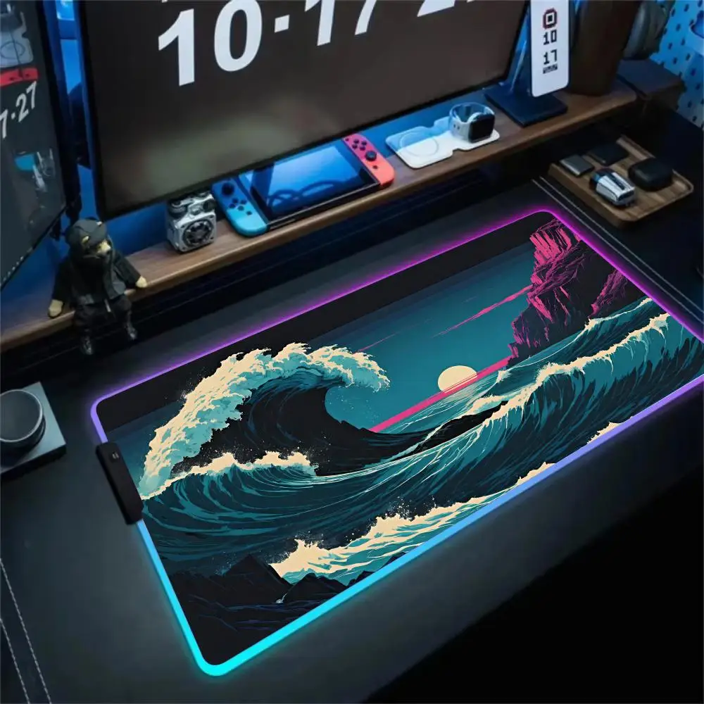 Alfombrilla de ratón RGB con colores de onda japonesa, pintura al óleo, alfombrilla LED brillante para juegos, alfombrilla de escritorio antideslizante de goma, accesorios para juegos, alfombrilla para teclado y ratón