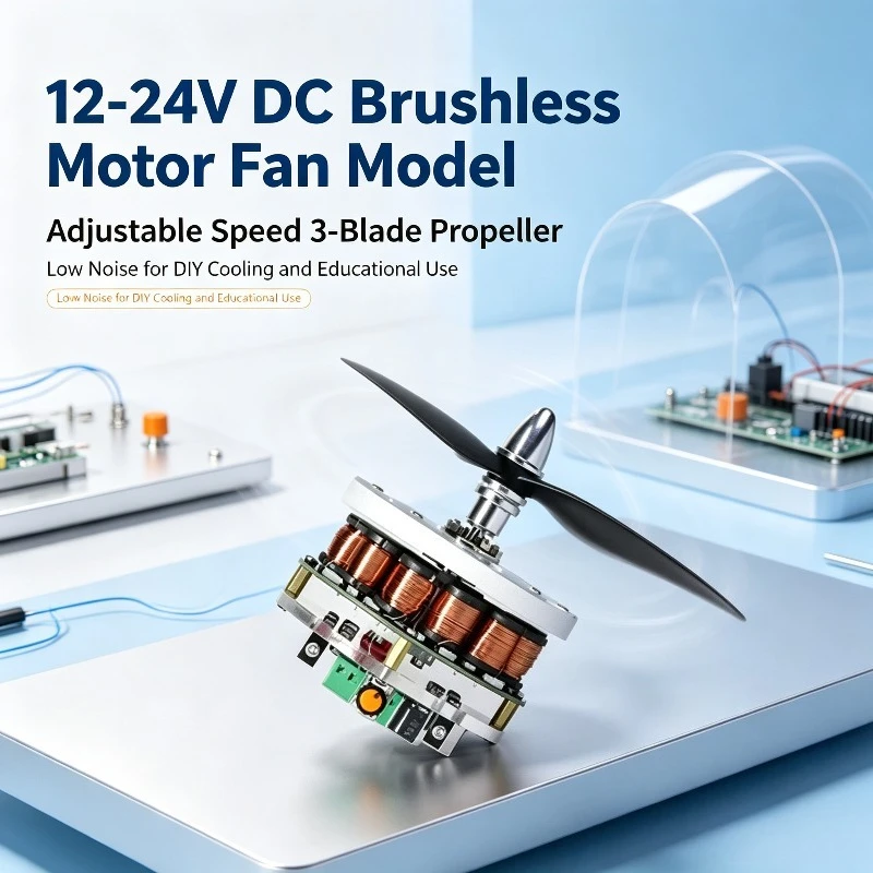 12–24V DC Brushless Motor Fan Model, Adjustable Speed 3-Blade Propeller Low Noise for DIY Cooling and Educational Use