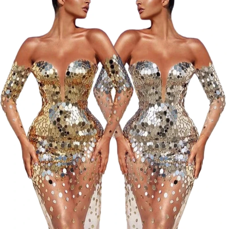 Women Long Sleeve Bare Shoulder Sequined Mesh Hip Wrapped Cocktail Bodycon Dress N7YE