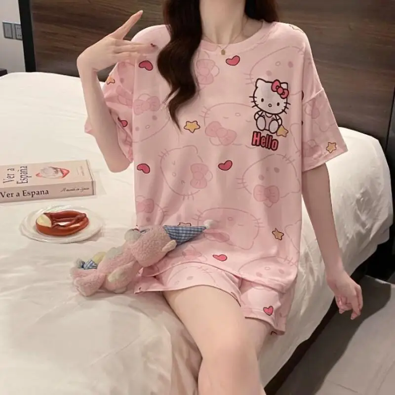 

Пижама Hello Kitty из чистого хлопка для девочек: летний тонкий комплект с милым мультяшным принтом, пуловер с коротким рукавом, шорты и домашняя одежда