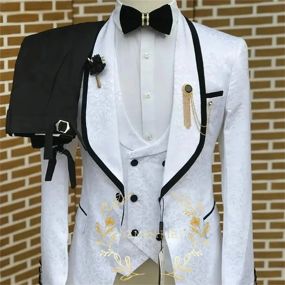 

3 Piece White Floral Men Suits for Wedding 2025 Groom Tuxedo Slim Fit Suit Shawl Lapel Groomsmen Male Fashion Costume Homme