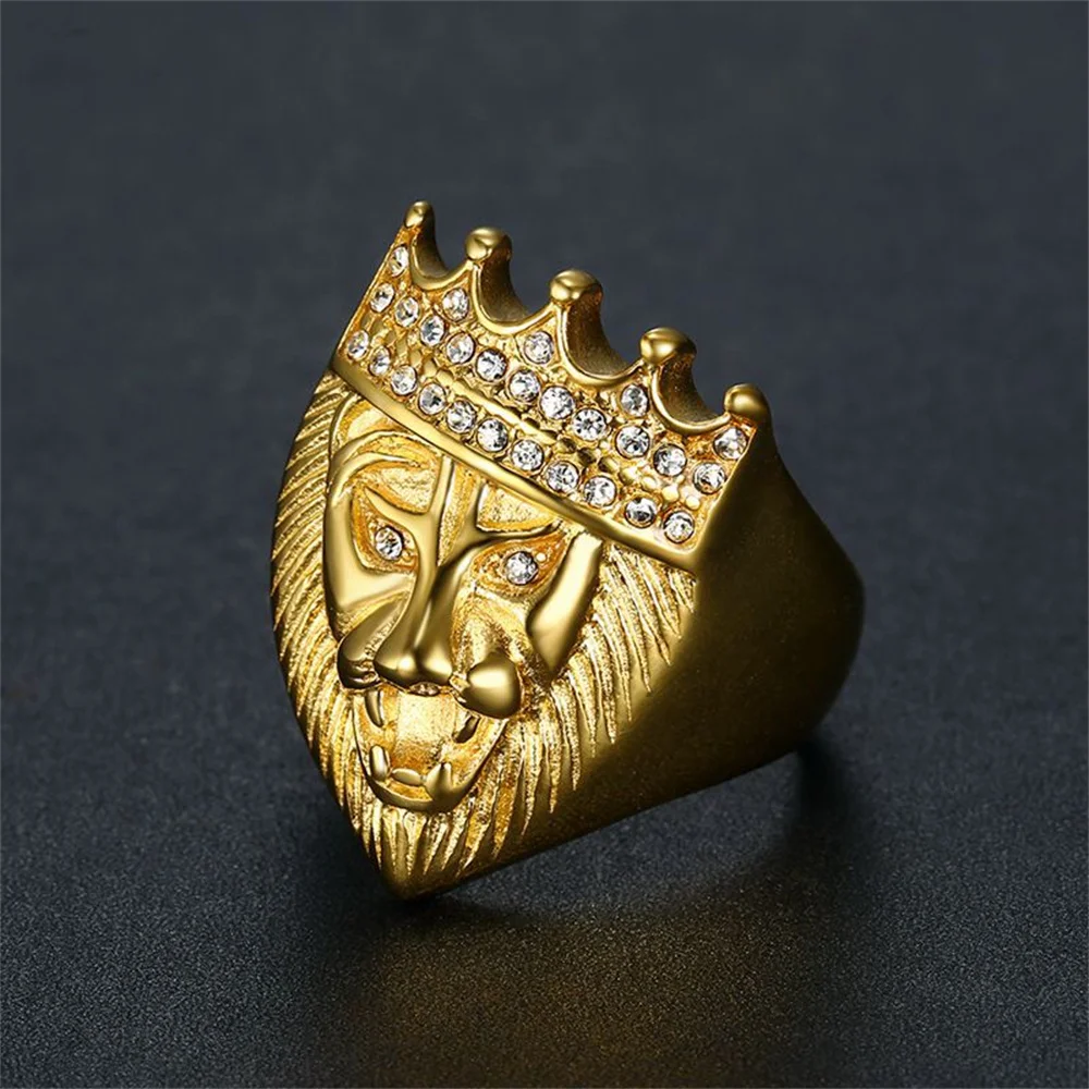 

Hip Hop Iced Out Bling Crown Lion Head Ring Male Gold Color Stinless Steel Zircon Animal Big Rings For Men Party Jewelry Gift