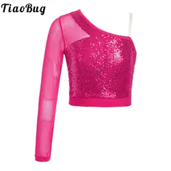 Kids Girls Jazz Dance Tops One Shoulder Shiny Sequins Crop Top for Ballet Gymnastics Skating Stage Performance Dance Wear