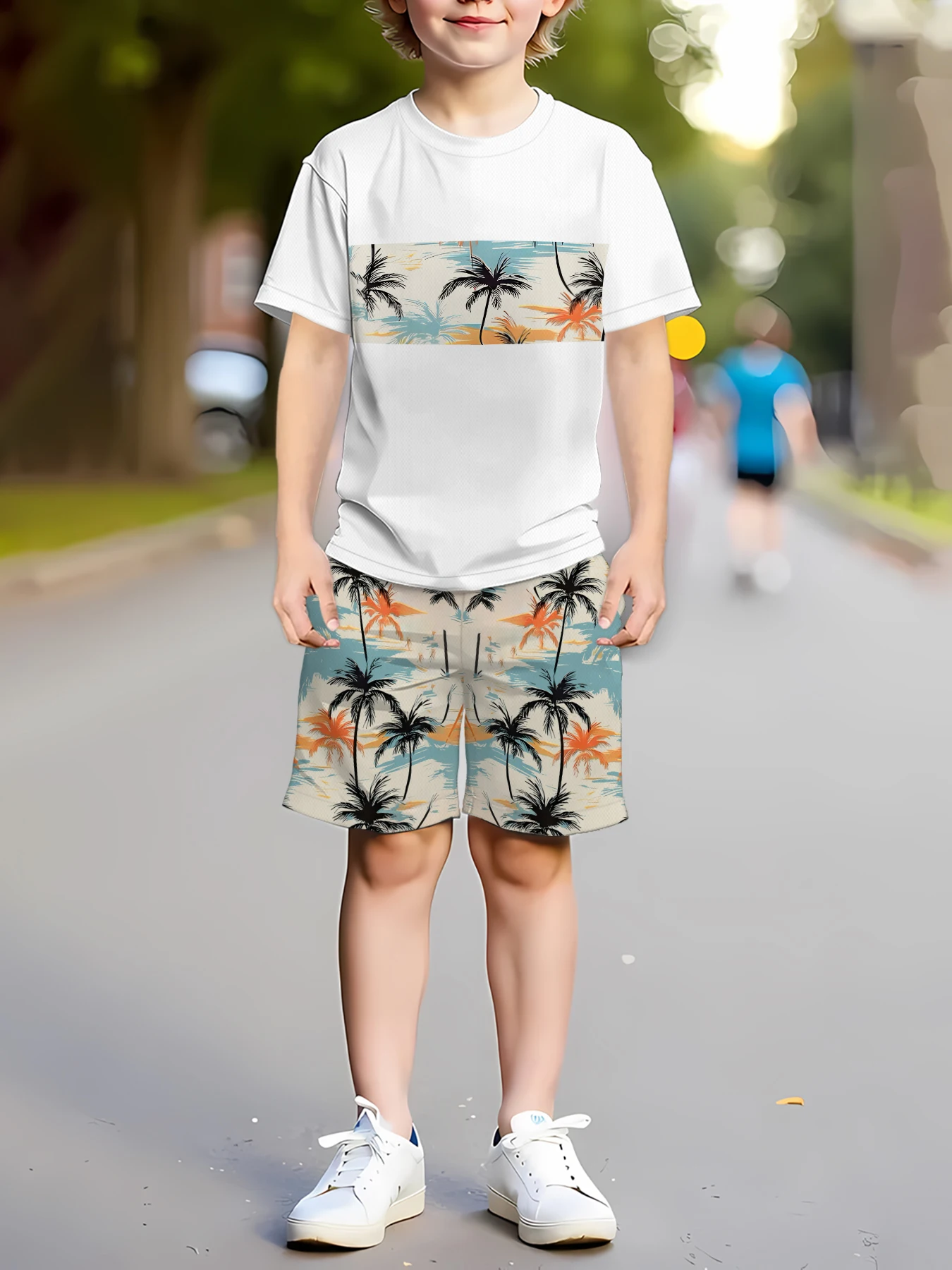 2026 Summer New Children's Set - Street Casual Roller Skating Fashion Comfortable Soft Breathable 3D Coconut Tree Pattern Print