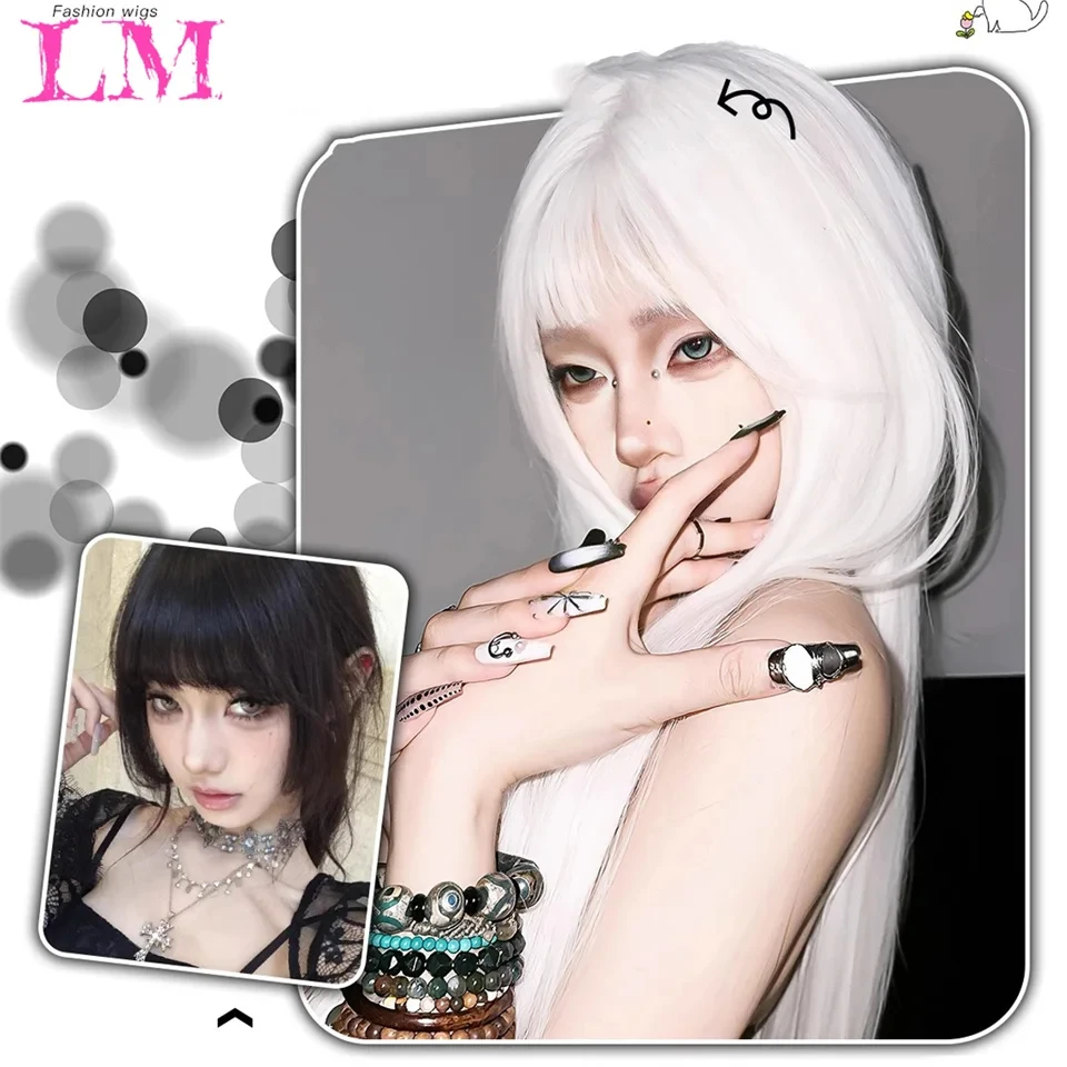 LM Long Water Wave Wig with Bangs White Colorful Cosplay Wig for Women Daily Party Natural Soft Synthetic Hair Heat Resistant