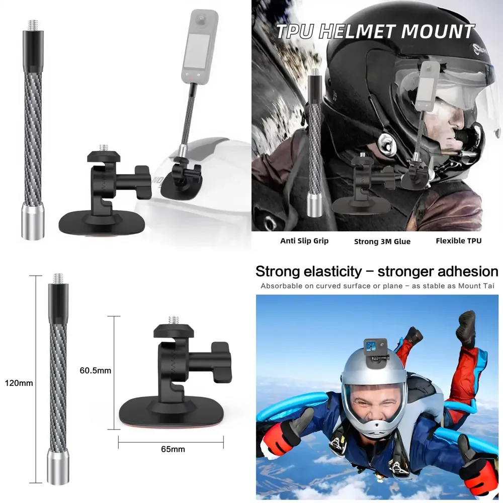 Adhesive Flexible Helmet Mount + Carbon Fiber Extension Rod for Hero 14, Insta360, Osmo Action Cameras Motorcycle